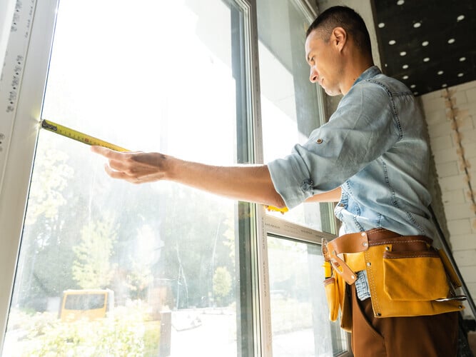 Construction worker installing window in house