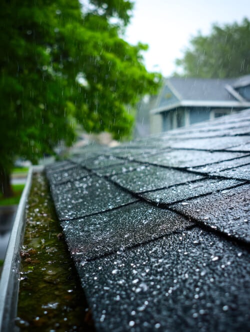 A cozy suburban scene featuring glistening asphalt shingles dotted with shimmering water droplets, capturing the calm essence of a soft rainfall daylight.