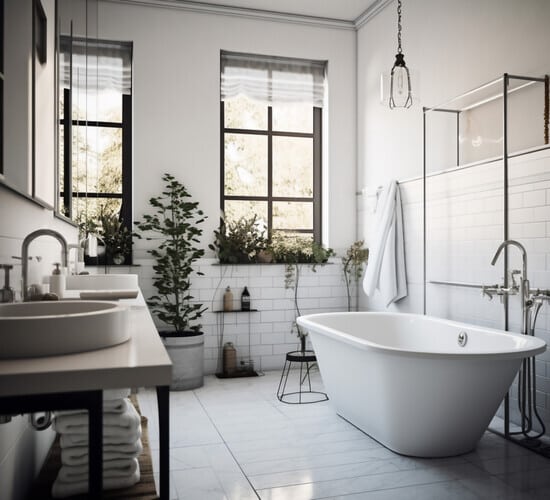 Bathroom interior with tiled floor and white bathtub.
