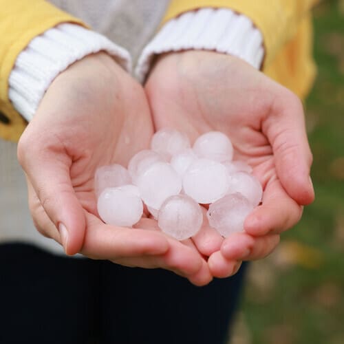 Woman holding hail after thunderstorm outdoors, closeup