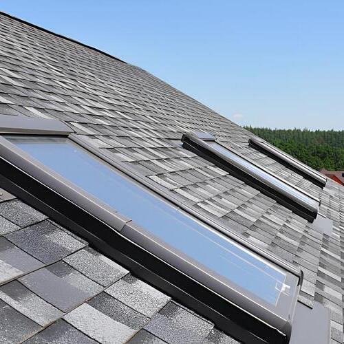 overhead view of skylights on a shingle roof